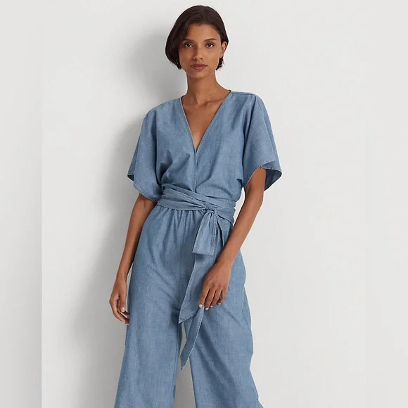 Lauren Ralph Lauren Blue Belted Chambray Wrap Jumpsuit - Picture 5 of 16